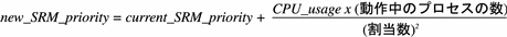 Equation shows that new Solaris Resource Manager priority equals current priority plus CPU usage divided by number of shares.