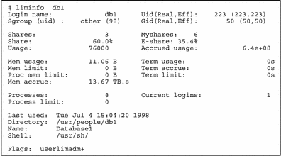 liminfo output for db1 as constructed in the previous Examples section. liminfo output for db1 as constructed in the previous Examples section.