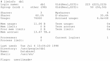 在上個範例部分中建構之 db1 的 liminfo 輸出。