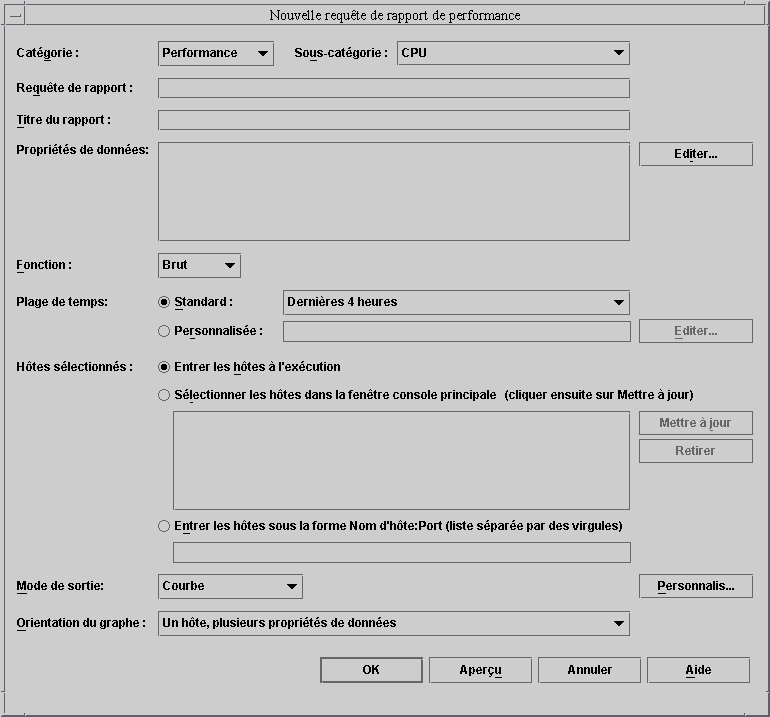 La boîte de dialogue intitulée Nouvelle requête de rapport de performance. Le contexte décrit le graphique.