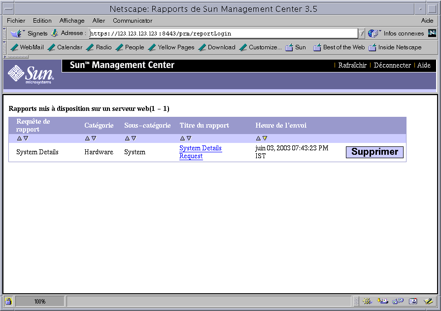 La fenêtre de navigateur intitulée Netscape: Sun Management Center 3.0 Reports. Le contexte décrit le graphique.