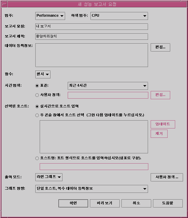 새 성능 보고서 요청 대화 상자입니다. 그래픽에 대한 설명은 컨텍스트를 참조하십시오.