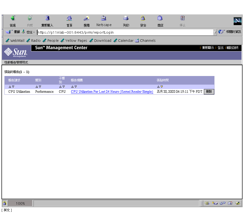標題為「Netscape：Sun Management Center 3.0 報告」的瀏覽器。上文有說明該圖形。