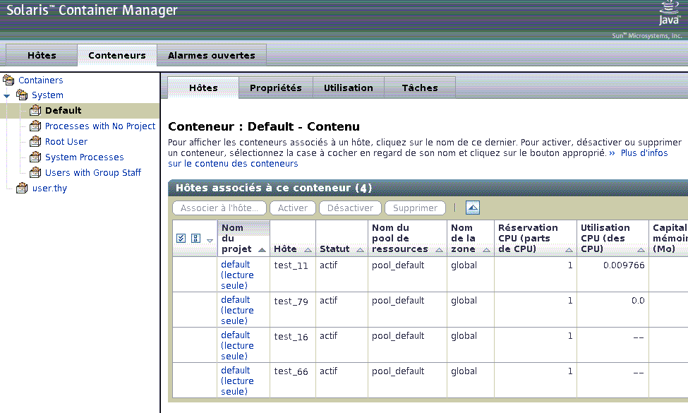 Capture d'écran de la vue Conteneurs. Le texte associé décrit le contexte.