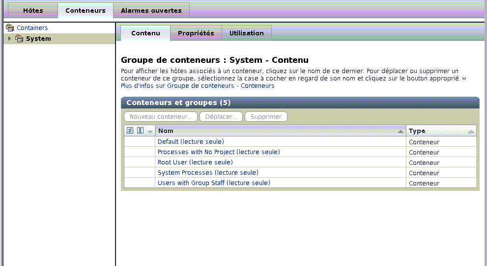 Capture d'écran du groupe de conteneurs système présentant le contenu du groupe. Le texte associé décrit le contexte.