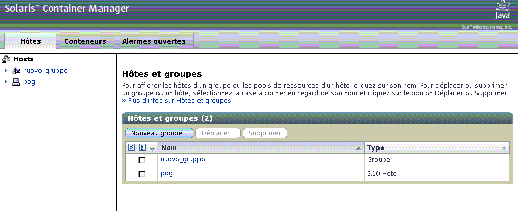 Page principale du gestionnaire de conteneurs avec trois onglets : Hôtes, Conteneurs, Alarmes ouvertes.