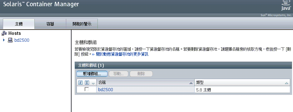 Container Manager 主頁包含三個標籤：主機、容器和開啟的警示。