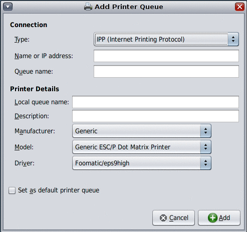 Graphic of the Add Printer Queue dialog that contains
preconfigured settings for a new directly attached or new network-attached
printer.