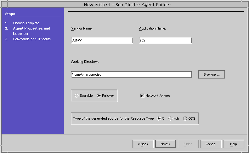 Dialog box that shows the New Wizard Sun Cluster Agent
Builder screen after information has been entered