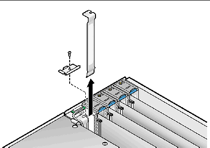 Graphic showing how to remove the retaining bracket from a vertical PCI card slot on the server. Removal of a PCI card slot cover is also shown.