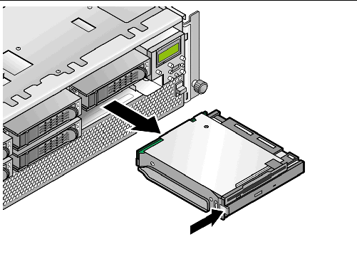 Graphic showing the location of the release latch on the front-left side of the DVD/Diskette Drive assembly in the Sun Fire V40z server.