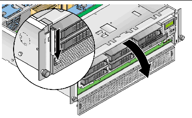 Graphic showing how to open the CPU card door on the Sun Fire V40z server by pressing down on the release latch on the left side of the door.