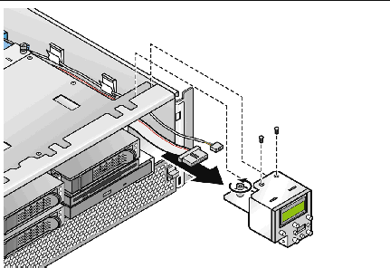 Graphic showing how to remove the operator-panel assembly by loosening the single captive screw and by removing the other two screws. 