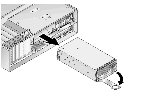 Graphic showing how to remove an individual power supply from the power-supply cage in the Sun Fire V40z server. 