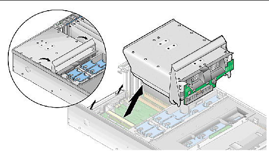 Graphic showing how to remove the power-supply cage assembly in the Sun Fire V40z server.
