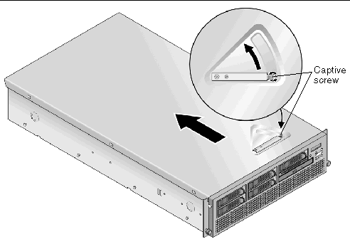 Graphic showing the location of the Sun Fire V40z cover latch release and direction to slide the cover off.