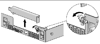 Graphic showing release of the slot latch for the PCI card and removal of PCI card slot cover. 