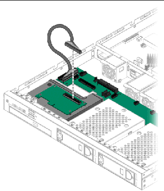 Figure showing connection of the cable between the SP card and SATA backplane.