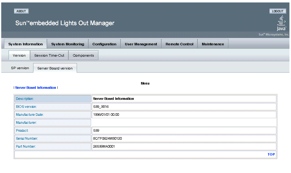 The Server Board Version Screen