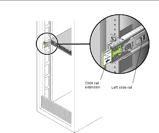 Graphic showing close-up view of CMA rail extension locked into rail assembly.