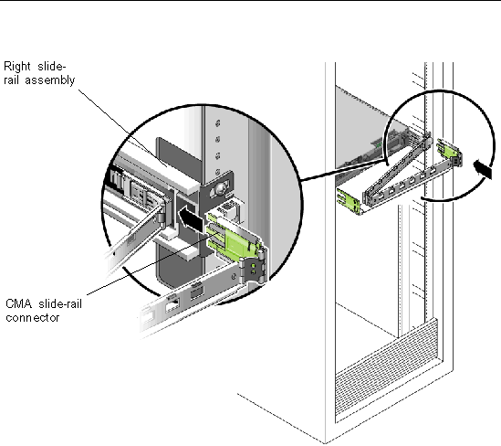 Graphic showing CMA slide-rail connector inserting into the rear of the right slide-rail.