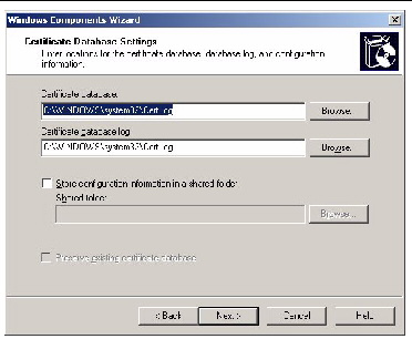 Screenshot of Certificate Database Settings screen of the Windows Components Wizard.