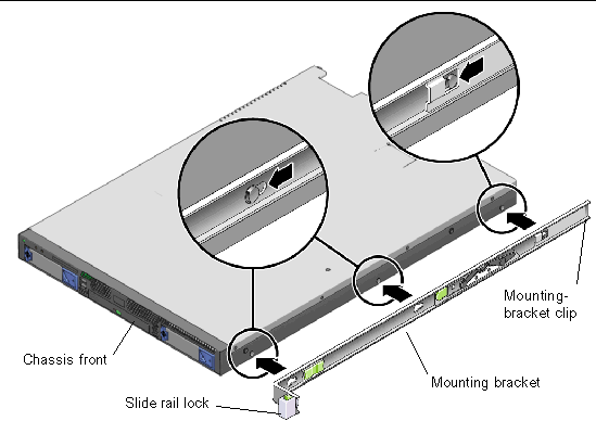 Graphic showing the mounting bracket being aligned with the three server chassis locating pins.