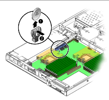 An illustration showing the removal of the system battery and how to short the battery clips to reset the CMOS.