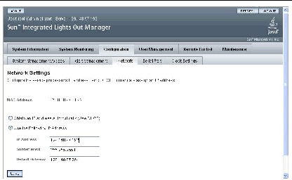 Graphic showing ILOM web interface with the Configuration and Network tabs chosen, and with the Use the Following IP Address button selected.