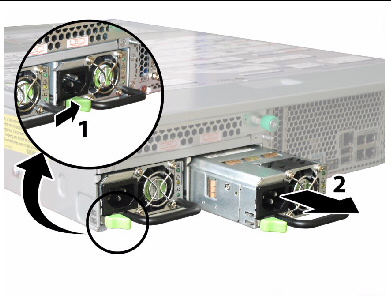 Removing a power supply after depressing its securing latch.