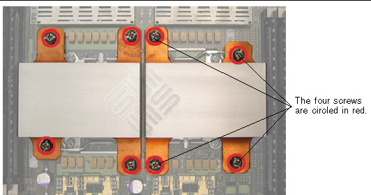 Top-down view showing the location of the Sun Fire X4200 M2 heatsink screws.