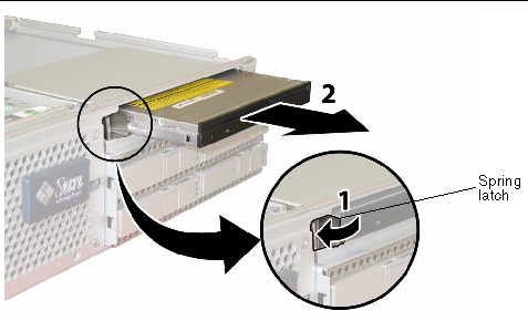 Removing the DVD-ROM drive after pushing the front securing latch to the left. 