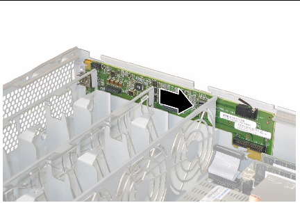 Pushing the front I/O board toward the chassis rear to disengage it from the chassis tabs.