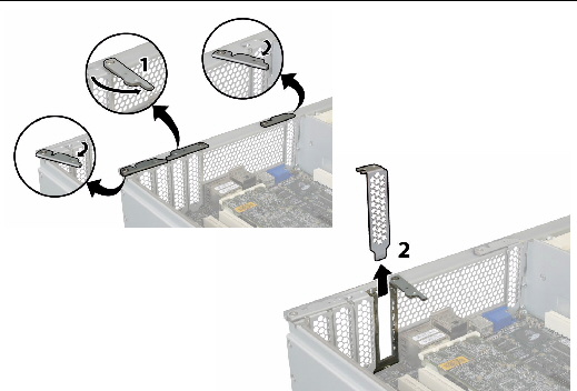 Opening a PCI card latch on the server back panel.