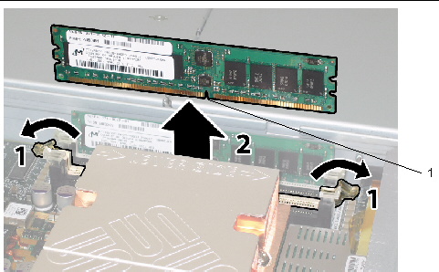 Removing a DIMM after opening the memory slot’s ejector levers. The alignment notch on the center bottom edge of the DIMM is called out.