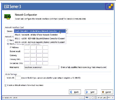 Screen Snapshot Showing Selection of Available Ethernet Controllers 