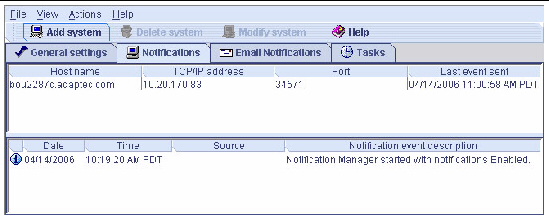 Screen shot includes a callout pointing out the Notifications tab. The lower part of the screen uses callouts to point out the Notification List and the Notification Logs.