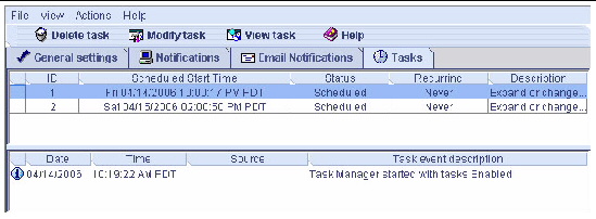 Screen shot showing the Task Manager. Callouts point to the Tasks tab, the Task List, and the Task Event Log.