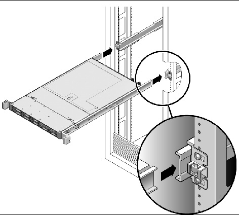 Figure showing how to place the server in the rack.