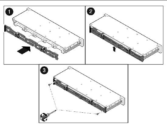 Figure showing how to install the drives backplane (Sun Fire X4140 Server).
