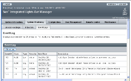 Graphic showing a system events log page with sample values.