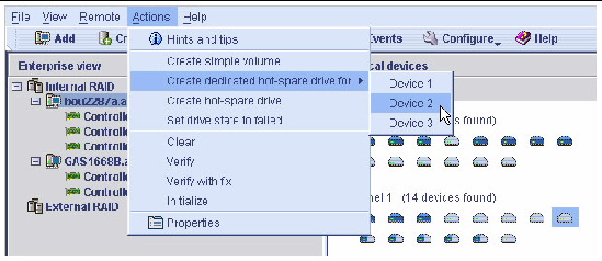 Screen shot of the Create dedicated hot-spare drive menu option.