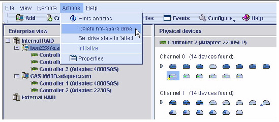 Screen shot of the Delete hot-spare drive menu option.