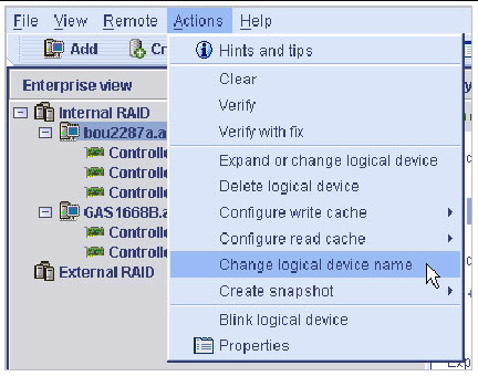 Sceen shot shows Change logical device name is being selected.