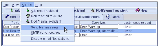 Screen shot of the Send test message menu option.
