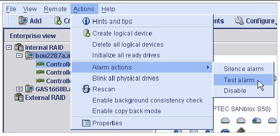 Screen shot of the Test alarm menu option.