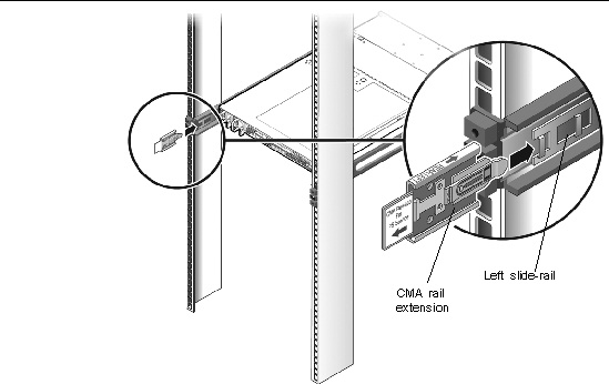 Graphic showing close-up view of CMA rail extension locked into rail assembly.