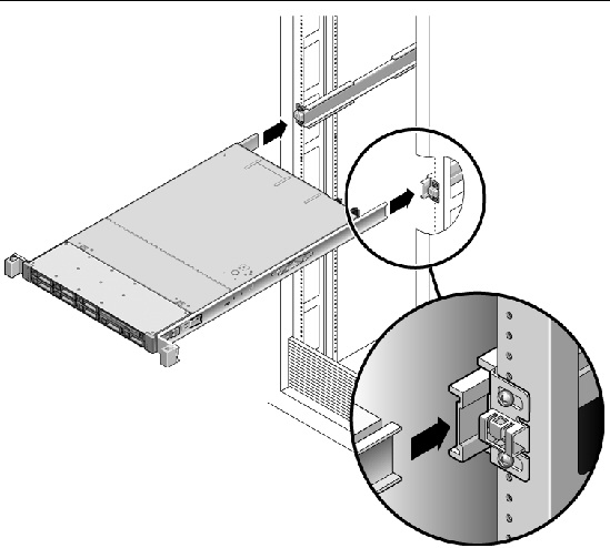 Figure showing how to place the server in to the rack.