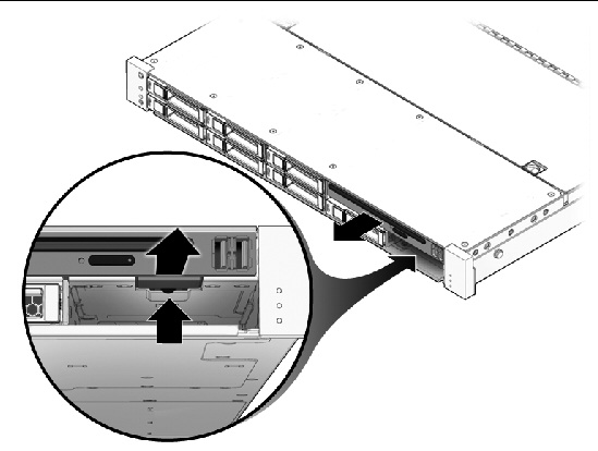 Figure showing how to remove a DVD drive (Sun Fire X4150 Server).