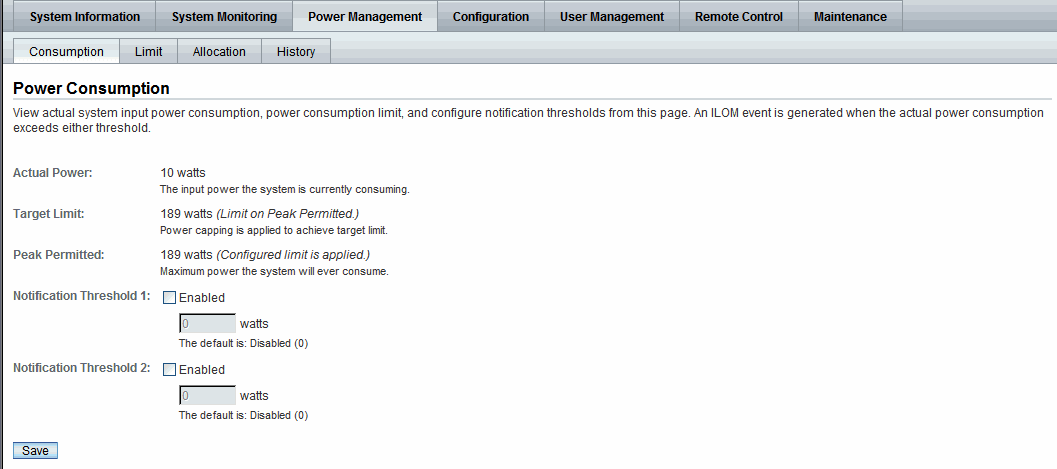 Web interface power consumption tab for server SP as of ILOM 3.08